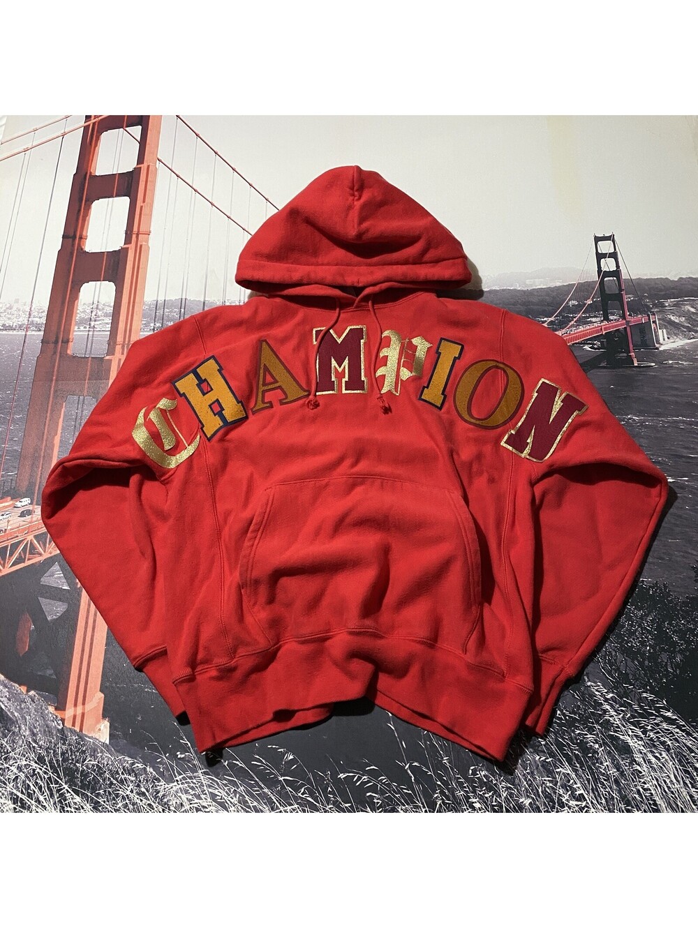 Champion Reverse Weave Hoodie Mens Size M Red Medium Varsity Script Logo Print
